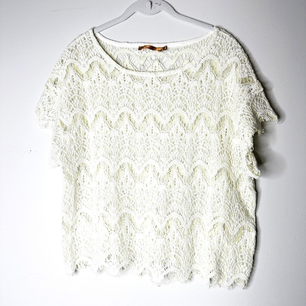 Belldini Top‎ Women L White Crochet Openwork Lace Sheer Regency Boho Fairy NWOT